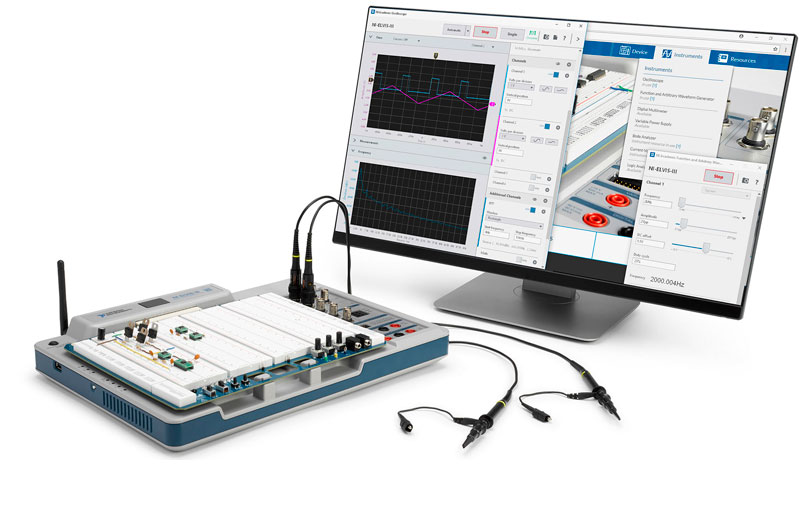 Plataforma de instrumentación NI ELVIS basada en computador, incluye múltiples instrumentos como osciloscopio, multímetro, fuentes de poder fijas y programables, generador de funciones arbitrarios, analizador de bode, etc.