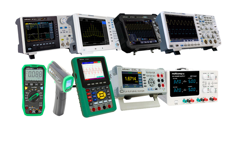 Instrumentos: multímetros de mano y de mesa, fuentes de poder, osciloscopios, analizadores de espectro, generadores de funciones, etc.